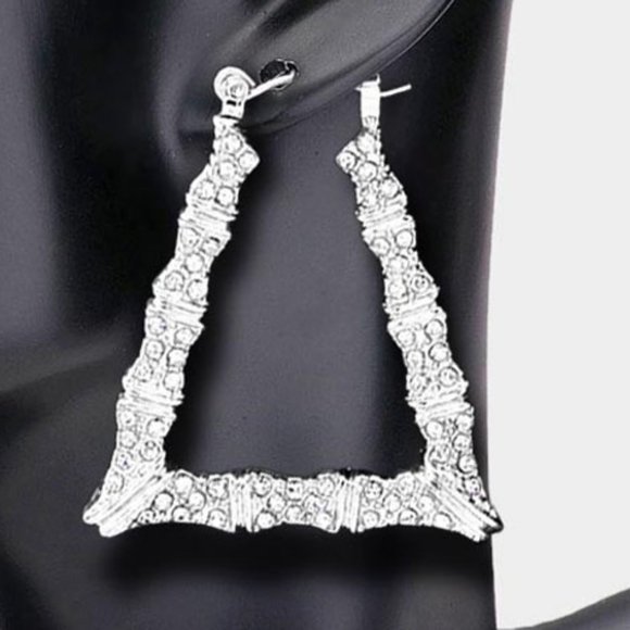 Silver Bamboo Door Knocker Earrings Trendy Crystal Rhinestone Hoop Jewelry - Picture 2 of 5